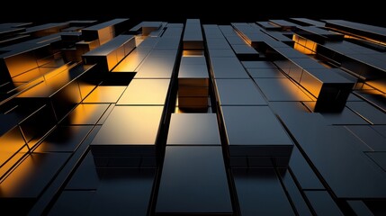 Poster - A black and gold image of a building made of cubes