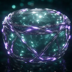 Poster - Luminous Sphere Enclosed in Twisted Metallic Bands Abstract Modern Art Neon Glow and Sparkling Elements.