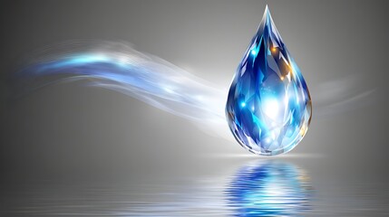 Poster - luminous water drop with ethereal flowing energy on a reflective surface for purity and vitality.