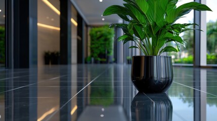 Poster - A large black plant sits on a shiny black tile floor in a large room