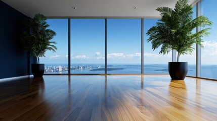 Poster - A large open room with a view of the city and a large potted plant