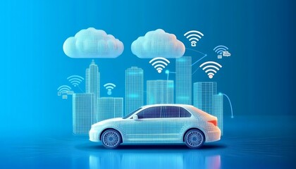 Poster - Social networking city and town with automation car on the world symbols moving from buildings to cloud using wifi. Vector illustration, penology, communication, generation, modern,
