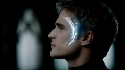 Poster - Man with Digital Overlay on Face Enhancing Facial Features Displaying Technological Advancement Theme.