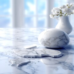 Poster - Marble Egg and White Flower Arrangement Showcase on Stone Surface with Fractured Texture.
