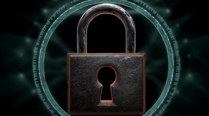 Poster - Metallic Padlock Centered in a Geometric Circle Represents Data Encryption and Secure Transactions.