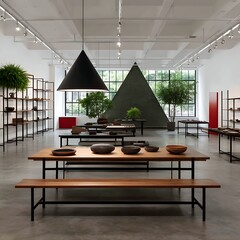 Poster - Minimalist Pottery Display in Modern Art Gallery with Pyramid Structure and Natural Light Interior.