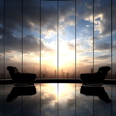 Poster - Modern Interior Black Armchairs Against Urban Skyline at Sunset with Reflected Light on the Floor.