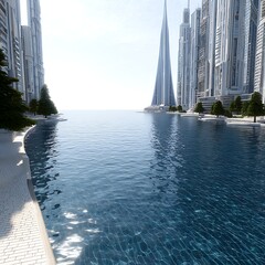 Poster - Modern Metropolis Architecture Dominating Skyline with Water and Sleek Tower Visual Aesthetic