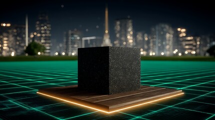 Poster - Mysterious Dark Cube on Illuminated Platform Against a Futuristic Cityscape Backdrop at Night.