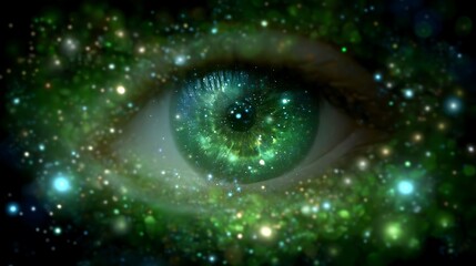 Poster - Mystic Eye Envisioning Universe Cosmos with Ethereal Green Hues and Celestial Light Patterns Around it.