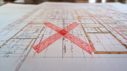 Poster - Red X mark over a section of architectural floor plan, highlighting zoning violations.