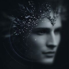 Poster - Mystical Portrait of an AI Being with Networked Crown Connection in Dark Toned Digital Art Style.