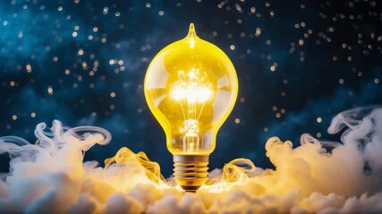 Poster - Innovative rocket light bulb illuminates with smoke and blast, successfully rises into the sky. Achievement concept. Fresh ideas and creativity. Science