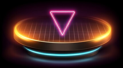 Poster - Neon Illuminated Presentation Platform Display with Pink Triangle in a Darkened Environment.