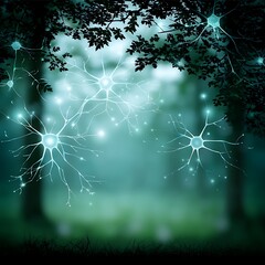 Poster - neural network illustration with branches in a digital forest green and turquoise hues artwork