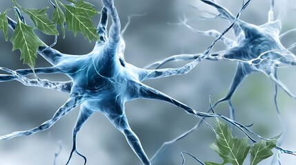 Poster - Neuron Network Connection with Green Leaves Intertwined Abstract Visual Scientific Backdrop.