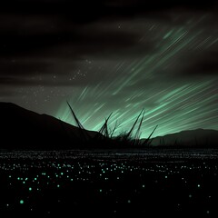 Poster - Night Scenery Green Streaks Above the Mountain Range Glowing Field Dark Scene Art Illustration.