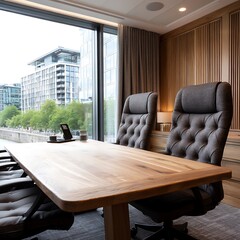 Poster - Office Interior with Wooden Table and Upholstered Chairs in Front of Large Window at Daylight