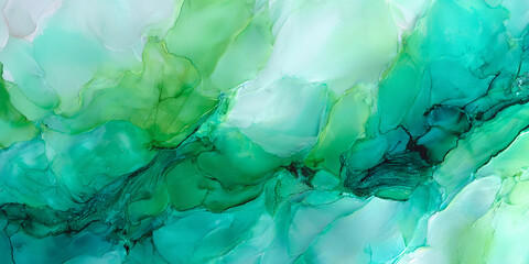 Aufkleber - Abstract alcohol ink painting in shades of green and white, flowing organic shapes, creating a tranquil and serene atmosphere, ideal for design backgrounds