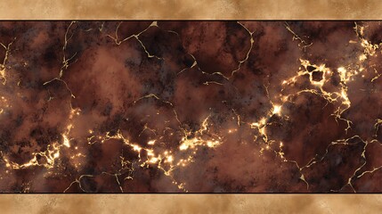 Poster - Ornamental Surface Featuring Textured Brown Hues and Veins of Golden Light in a Decorative Frame.