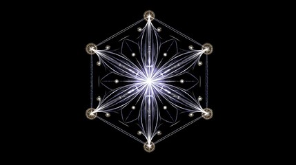 Poster - ornamental white floral design with six petals and symmetrical pattern on a black canvas.