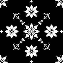Poster - Ornate Black and White Floral Pattern Design with Symmetric Flower Motifs and Pixelated Style Art.