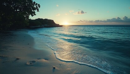 Poster - Serene sunset along a tranquil beach with gentle waves lapping at the shore on a clear evening