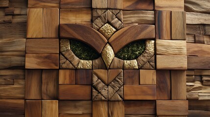 Poster - Owl Crafted from Wood Blocks with Mossy Green Eyes and Golden Accents Artistic Wall Decor Design.