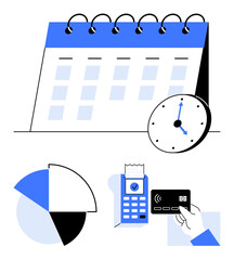Poster - calendar with clock, pie chart, payment terminal, and card highlights scheduling, time tracking, and