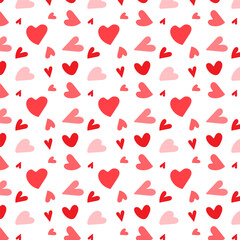 Wall Mural - Seamless pattern with red hearts.Hand drawn heart repeat pattern isolated on white background for happy Valentines Day, birthday and other happy days.Vector graphic illustration.