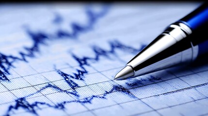 Poster - Pen Point Analyzing Financial Data Chart Performance in Blue Tones for Business Insights Analysis.