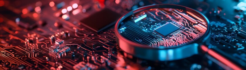 Poster - A close-up view of a microchip on a circuit board illuminated in deep red and blue lights, showcasing intricate details and the essence of modern technology and innovation.