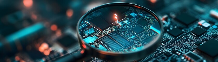 Poster - A detailed close-up of a circuit board viewed through a magnifying glass, showcasing intricate patterns and connections that highlight modern technology and innovation.
