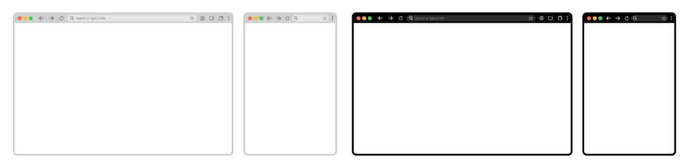Fototapete - Browser window website mockup template with PNG frames for PC, laptop, tablet, and mobile, in light and dark modes. UI vector illustration isolated on transparent background.