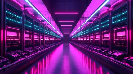 Poster - A futuristic corridor illuminated with vibrant neon lights, showcasing sleek technology. The combination of purple and teal creates a mesmerizing atmosphere perfect for innovation.