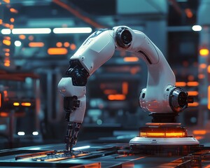 Poster - A futuristic robotic arm efficiently working in a high-tech industrial setting, showcasing advanced automation and precision engineering with vibrant neon lighting.