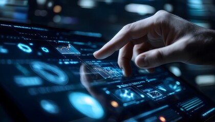 Fototapete - a hand interacting with a high-tech touchscreen interface displaying various digital graphs and data
