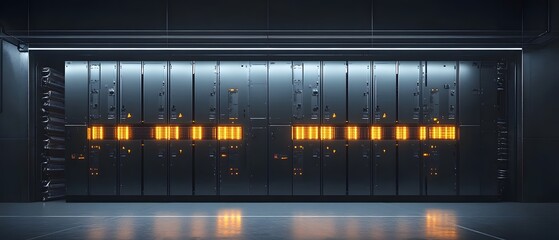 Poster - A modern data center showcasing sleek server racks with illuminated indicators. The advanced design reflects the future of data storage and technology innovation.