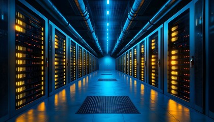 Poster - a modern data center corridor with illuminated server racks
