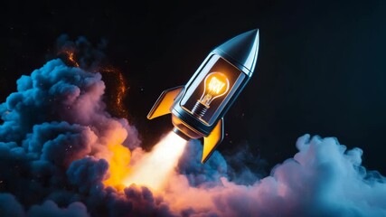 Poster - Innovative rocket light bulb with smoke and explosion ascends against a dark background, concept. Successful launch, creative idea.