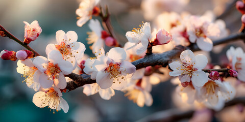 Poster - Close-up of delicate white apricot blossoms on a branch, illuminated by sunlight, conveying spring, renewal, and nature's beauty