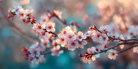 Poster - Close-up of delicate pink blossoms on a branch, showcasing springtime beauty and renewal, symbolizing hope, new beginnings, and nature's awakening