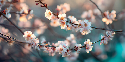 Poster - Delicate pale pink flowers blossom on slender branches, creating a gentle and serene springtime scene symbolizing renewal and nature's beauty