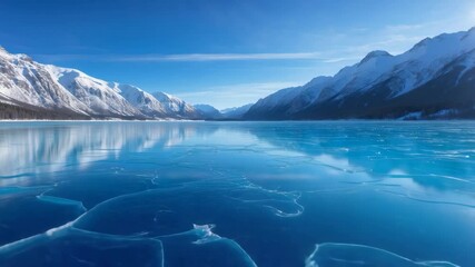 Wall Mural - winter mountains with a frozen lake. surface cracks on the blue ice.