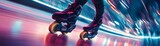 Dynamic roller skater gliding through colorful neon lights in an urban environment.