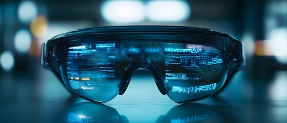 Poster - Futuristic augmented reality glasses displayed on a surface, reflecting digital screens. Ideal for showcasing innovative tech and modern design in various applications.