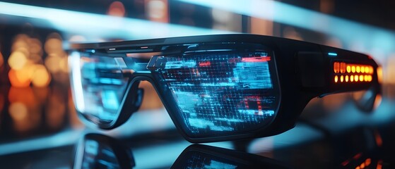 Poster - Futuristic smart glasses featuring a digital interface, showcasing innovation in wearable technology. Ideal for showcasing advancements in visuals and augmented reality.
