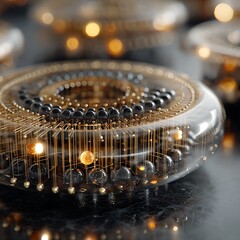 Poster - Precision Circuitry Rings Displaying Futuristic Technology with Gold Pin Connections and Marbles.