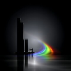 Poster - prism rainbow spectrum reflection on shiny surface with silhouetted figures observing in darkness.