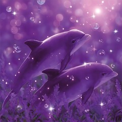 Wall Mural - purple hues two dolphins dancing in a dreamy underwater world with bubbles and shimmering lights.
